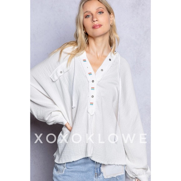 POL Off White Cotton Half Button Long Sleeve Hoodie Top Oversized - Picture 8 of 10